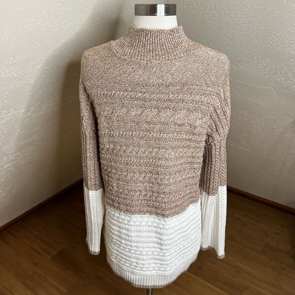 Talbots Sweater Womens Large Brown Cream Cable Knit Mock Neck ColorBlock - Picture 9 of 9